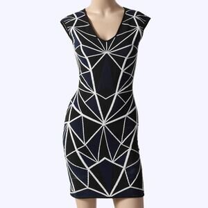 RVN Black White Geometric Jacquard Bodycon Mini Dress